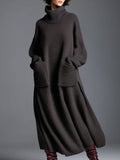 High-end Fashionable Loose Neckline Brown Knitted Maxi Dress