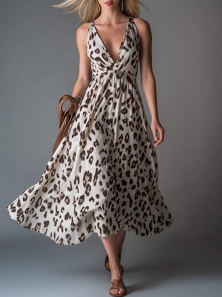 Retro-chic V-neck Sleeveless Leopard Print Chiffon Midi Dress