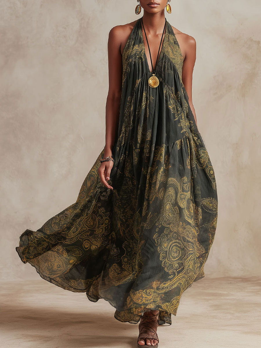 Vintage-style Paisley Dark Green Chiffon Sleeveless Maxi Dress