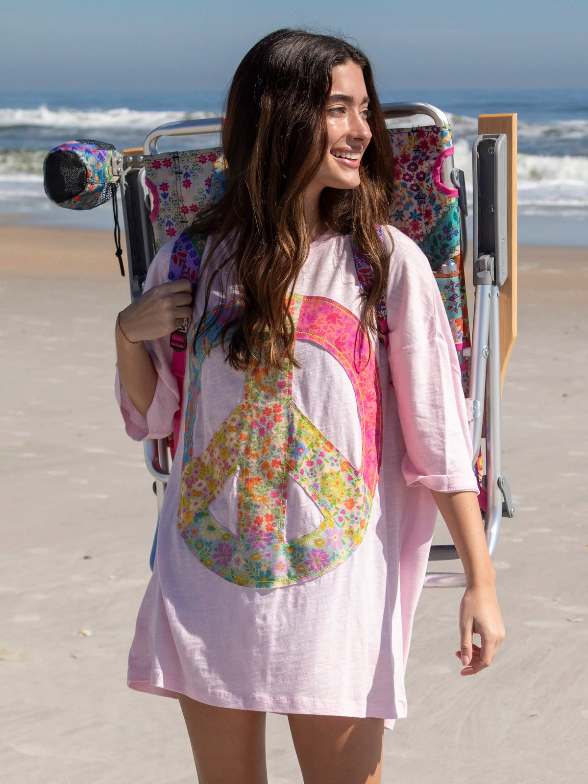 Oversized Cotton Applique Tee - Light Pink Peace Sign