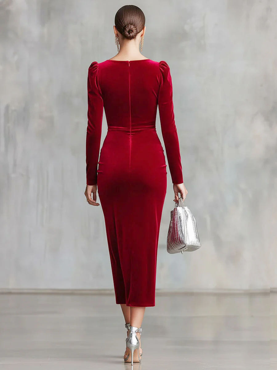 Elegant Round Neck Button-down Side Slit Long Sleeve Velvet Midi Dress