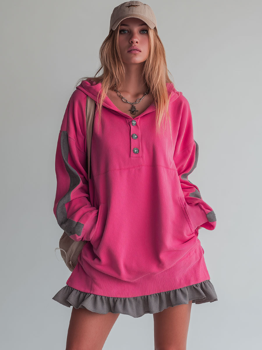 Sporty Color-blocked Ruffled Half-zip Hooded Long-sleeved Mini Dress