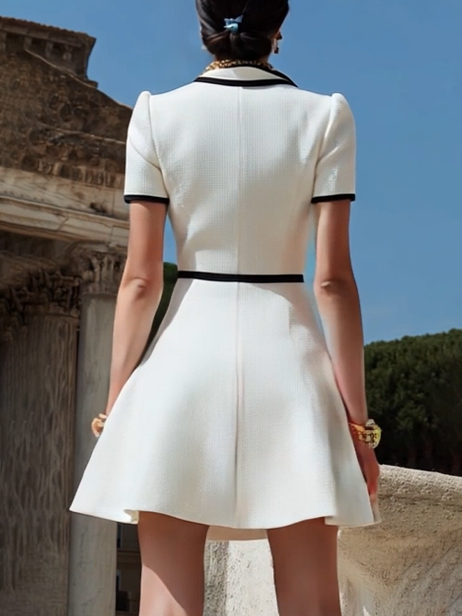 ¡¾24-hour shipping out¡¿Women's White Zipper Design With Black Trim Dress