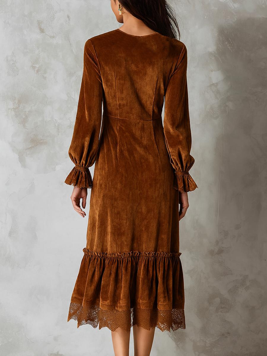Retro Ruffle Neck Lace Trim Eco-friendly Velvet Midi Dress