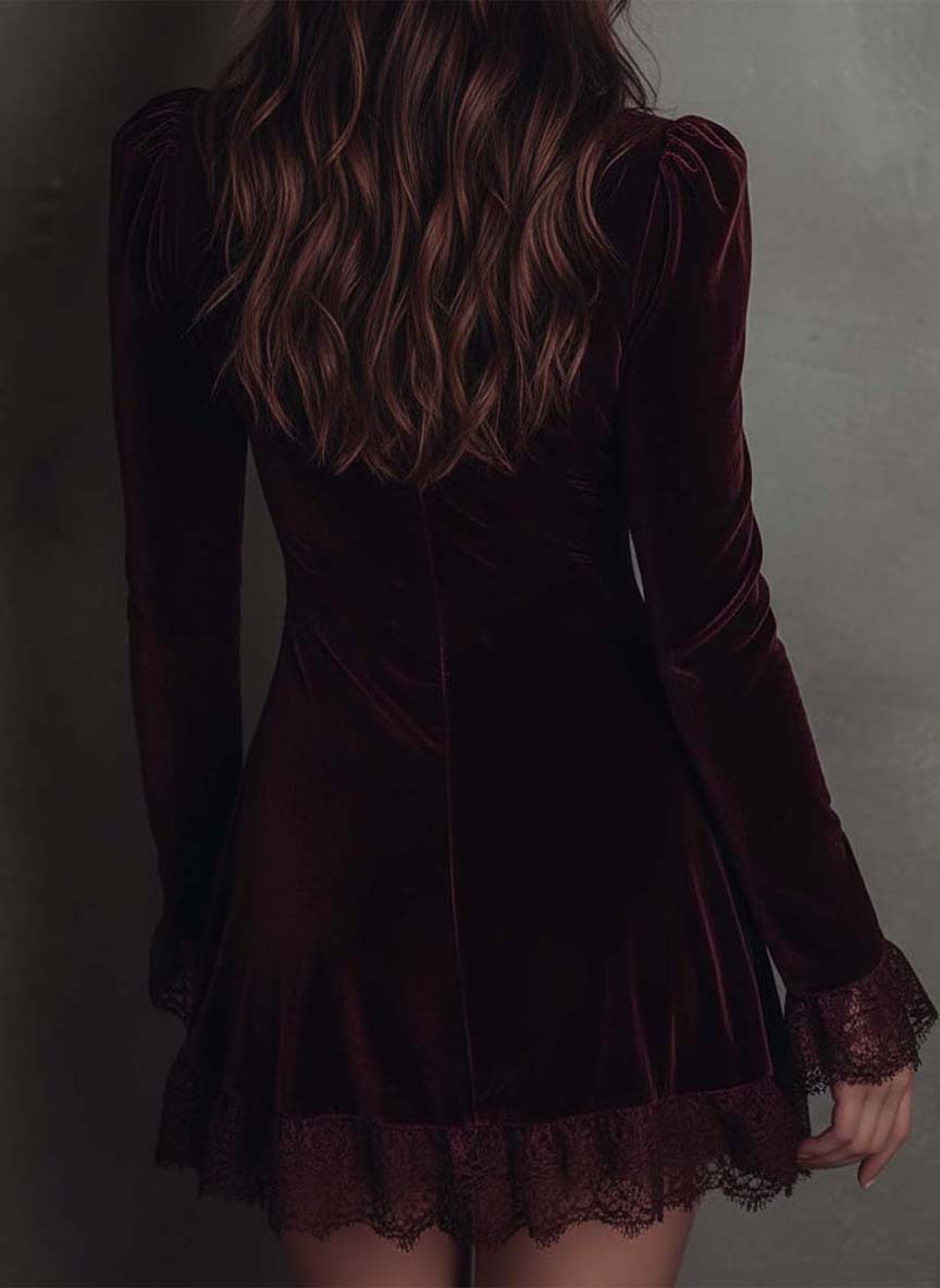 Polyester Velvet Lace Trim Mini Dress - Burgundy