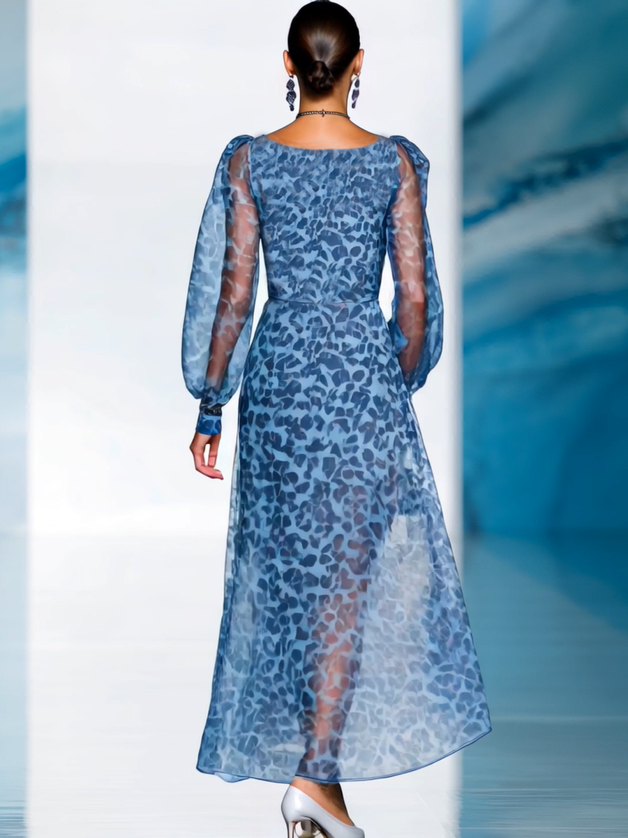 ¡¾24-hour shipping out¡¿Elegant And Fashionable Chiffon Blue Leopard Print Long Sleeve V-neck Flowing Maxi Dress