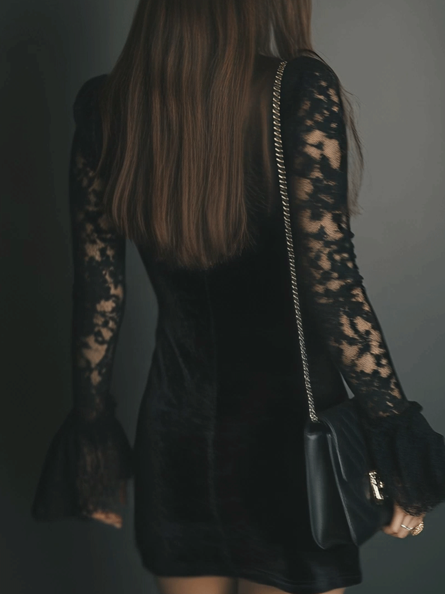 Romance Midnight Velvet Lace Bell-Sleeve Mini Dress