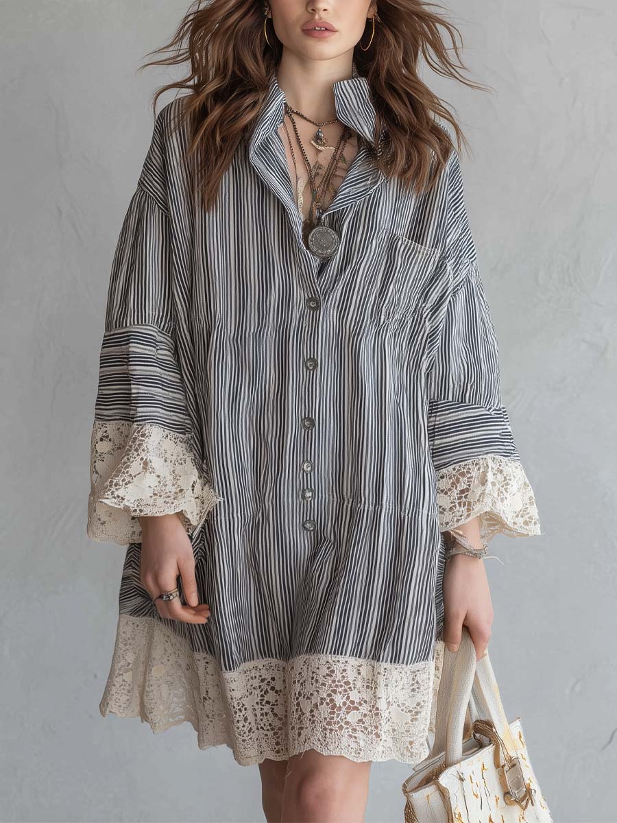 Bohemian Casual Striped Button Shirt Dress With Lace Trim
