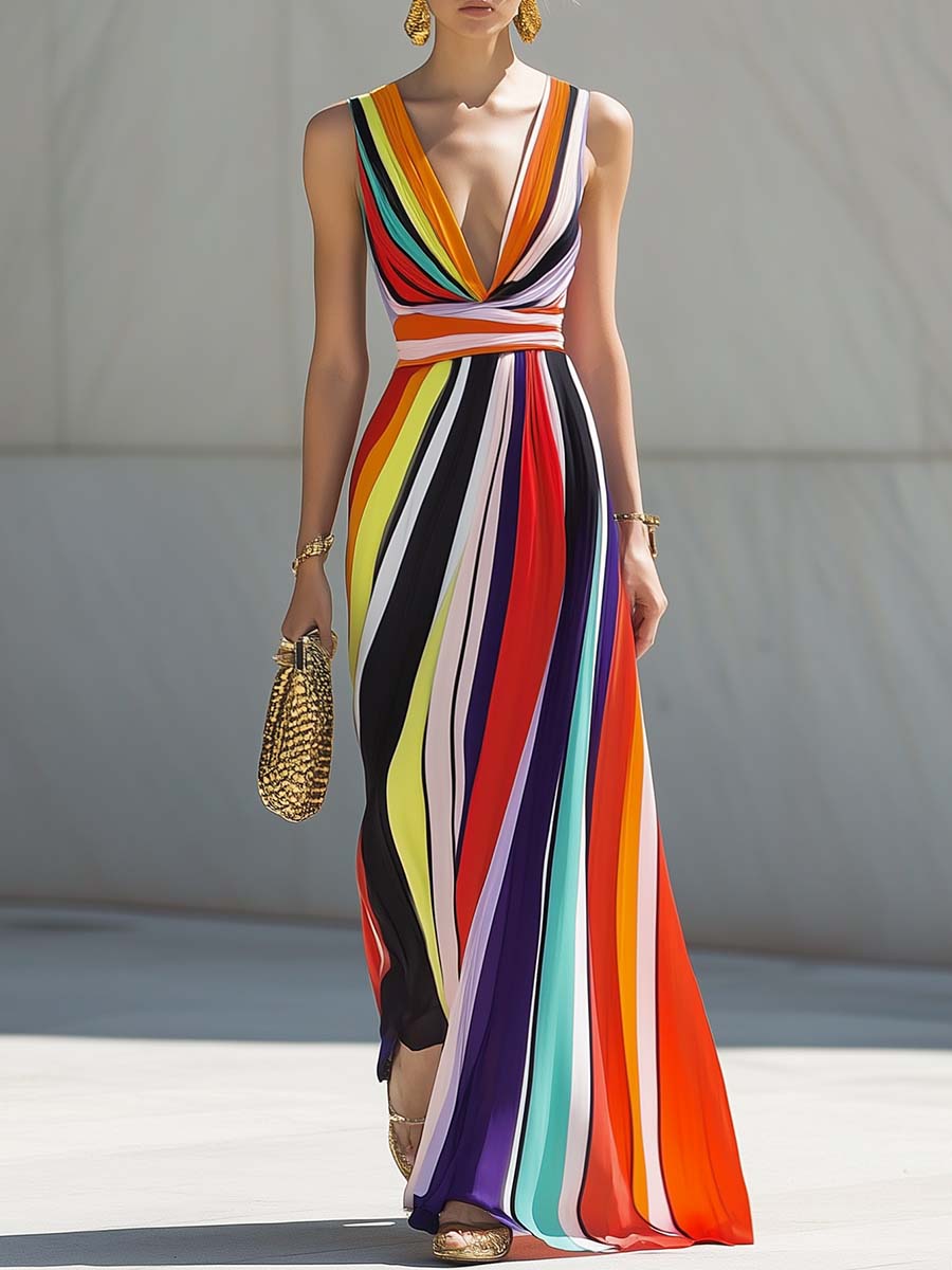 ¡¾24-hour shipping out¡¿Elegant Flowing V-neck Rainbow Stripe Print Chiffon Maxi Dress