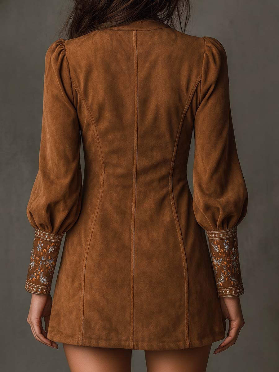 Vintage Suede Embroidered Mini Dress With Long Sleeves