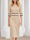 ¡¾24-hour shipping out¡¿Elegant And Stylish Black Line Trim Khaki Midi Dress