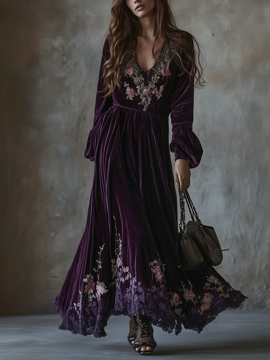 Vintage Floral Embroidered Velvet Maxi Dress
