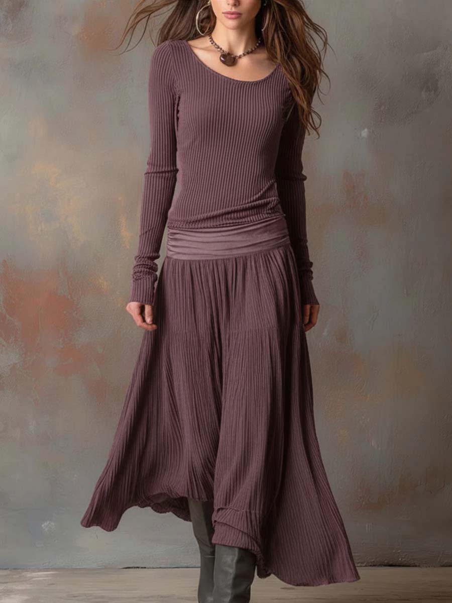 Vintage Ribbed Knit Maxi Dress In Charcoal Gray
