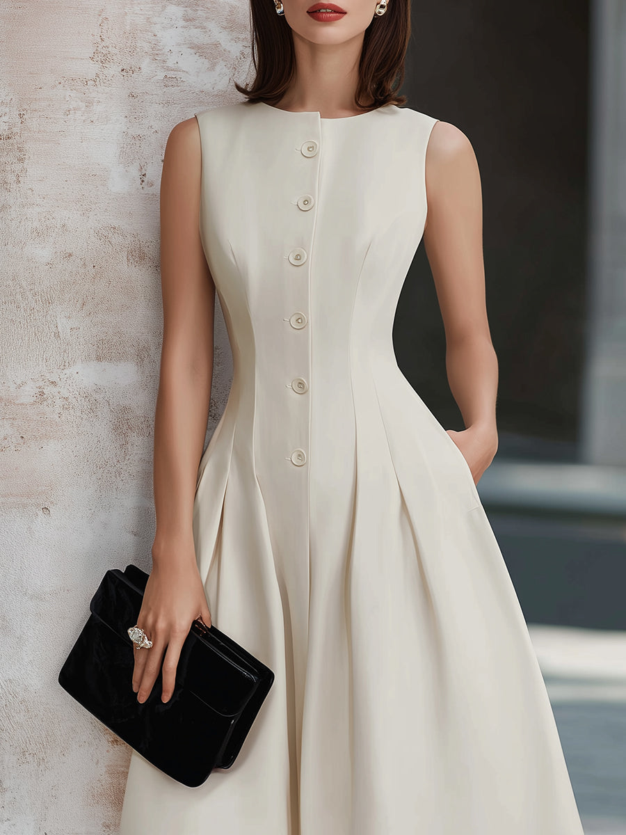 Sleeveless Button-Front Fit And Flare Midi Dress