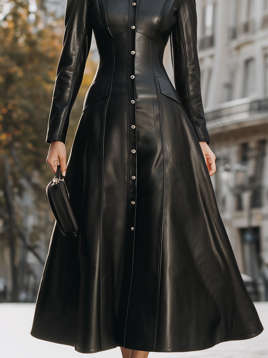 Edgy Black Faux Leather Midi Shirt Dress