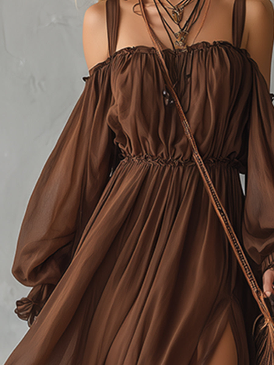 Classic And Elegant Brown Chiffon Off-the-shoulder Long-sleeved Maxi Dress