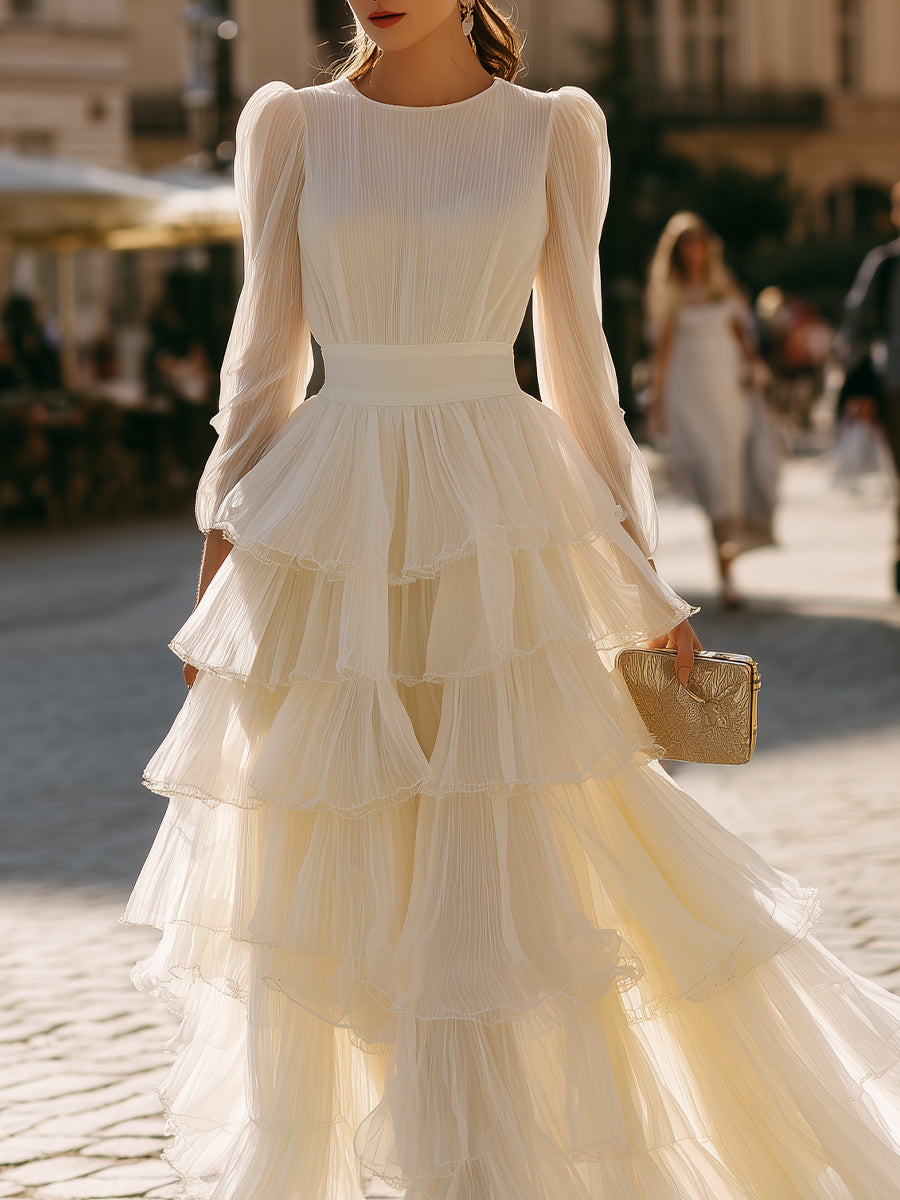 Tiered Ruffle Long Sleeve Pleated Maxi Dress