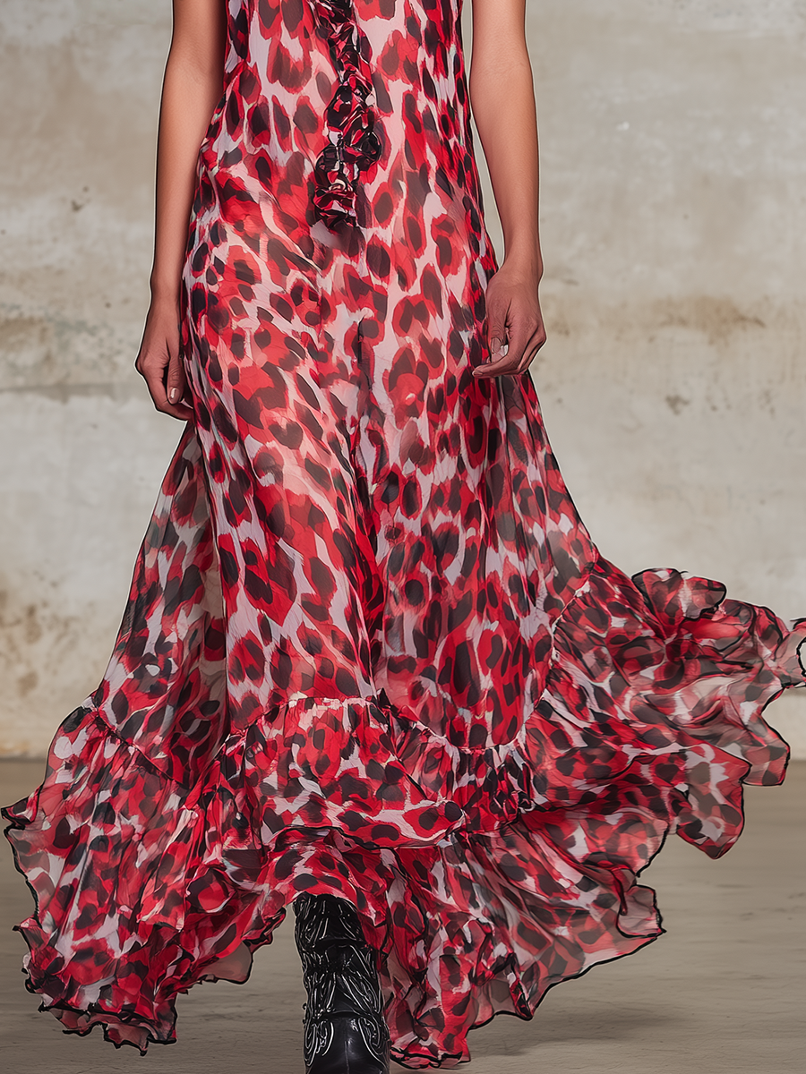 Loose-fitting Western-style Leopard Print Sleeveless Chiffon Maxi Dress