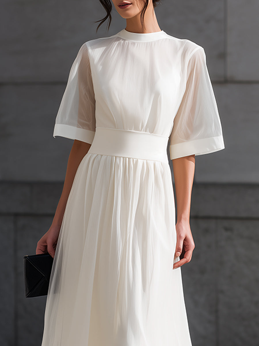 Sheer Sleeve Waist-Defined Midi Dress