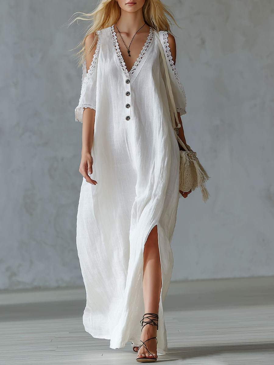 V-neck Lace-trimmed Off-the-shoulder Cotton And Linen Short-sleeved Maxi Dress