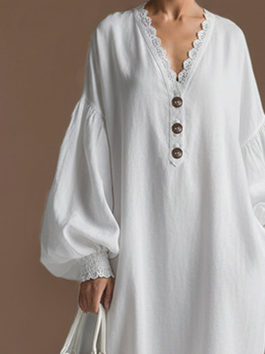 Elegant Urban Silhouette Lace Trim White Cotton And Linen Long-sleeved Maxi Dress