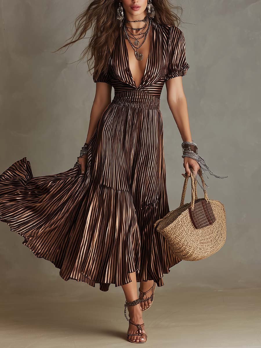 Vintage Boho Striped Flowy Midi Dress
