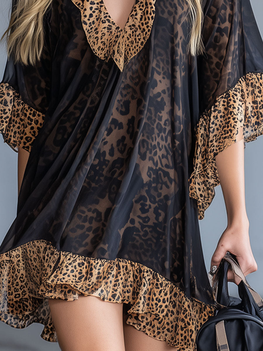 Leopard Print Chiffon Short-sleeved Mini Dress