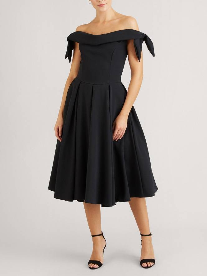 Off-shoulder Bow  Design A- Line Skirt Midi Dress
