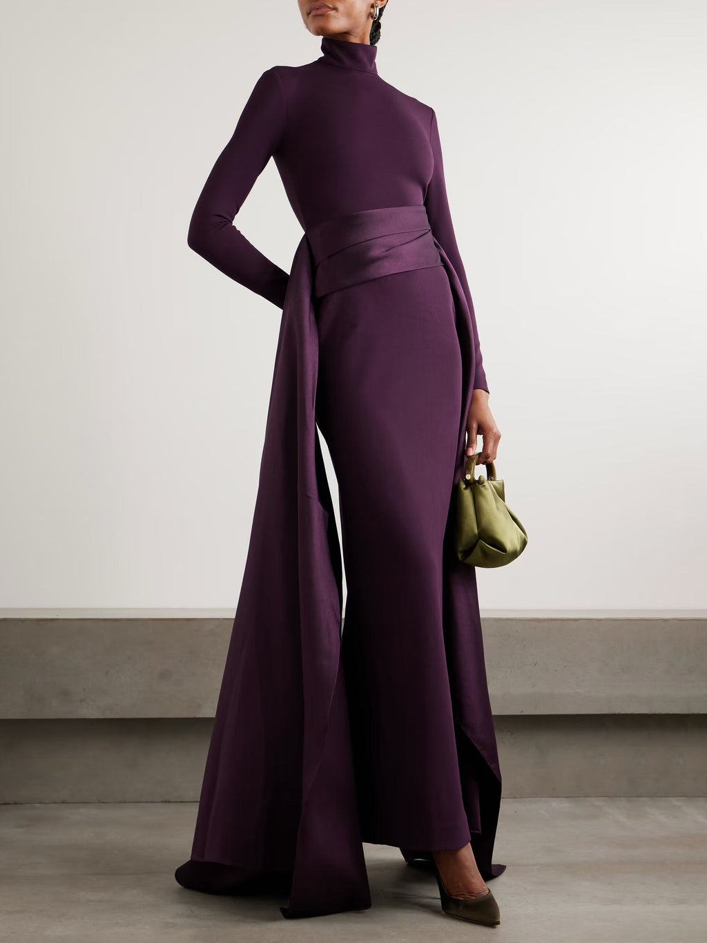 Elegant High-neck Satin Draped Maxi Dress