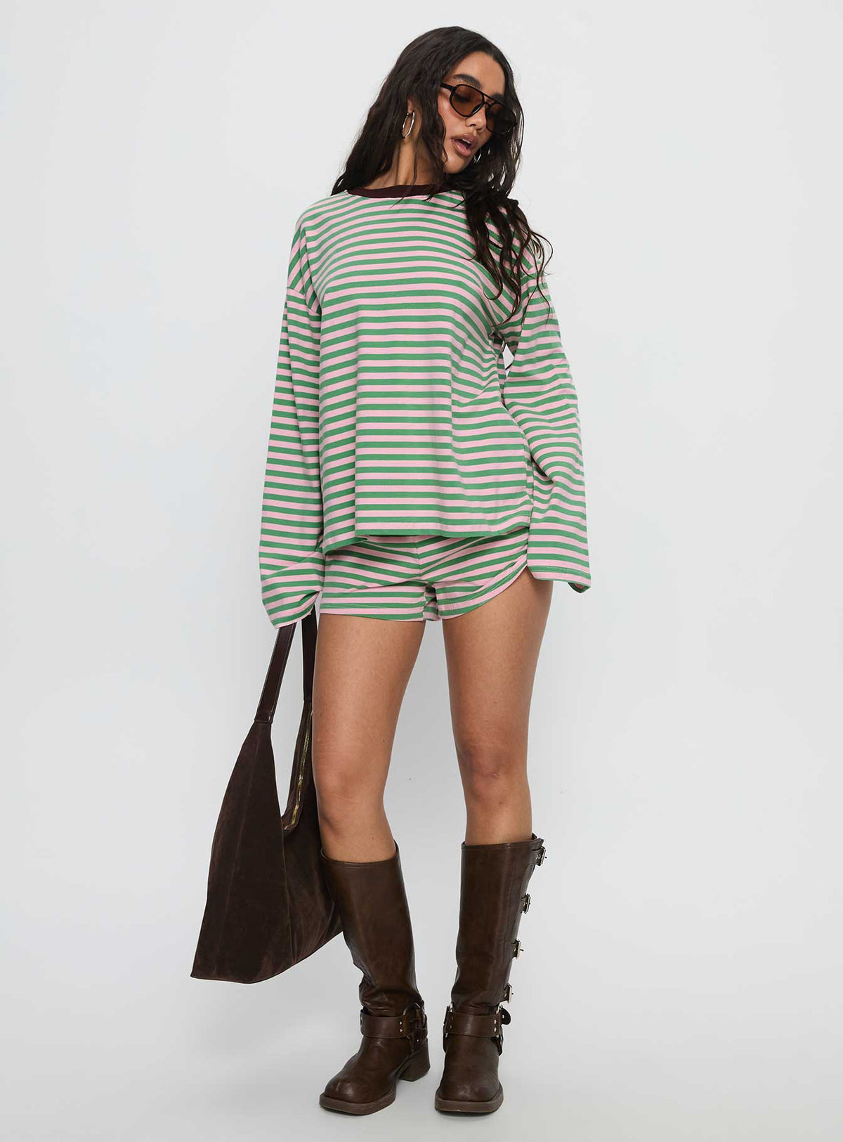 Settle Down Long Sleeve Top Green / Pink Stripe