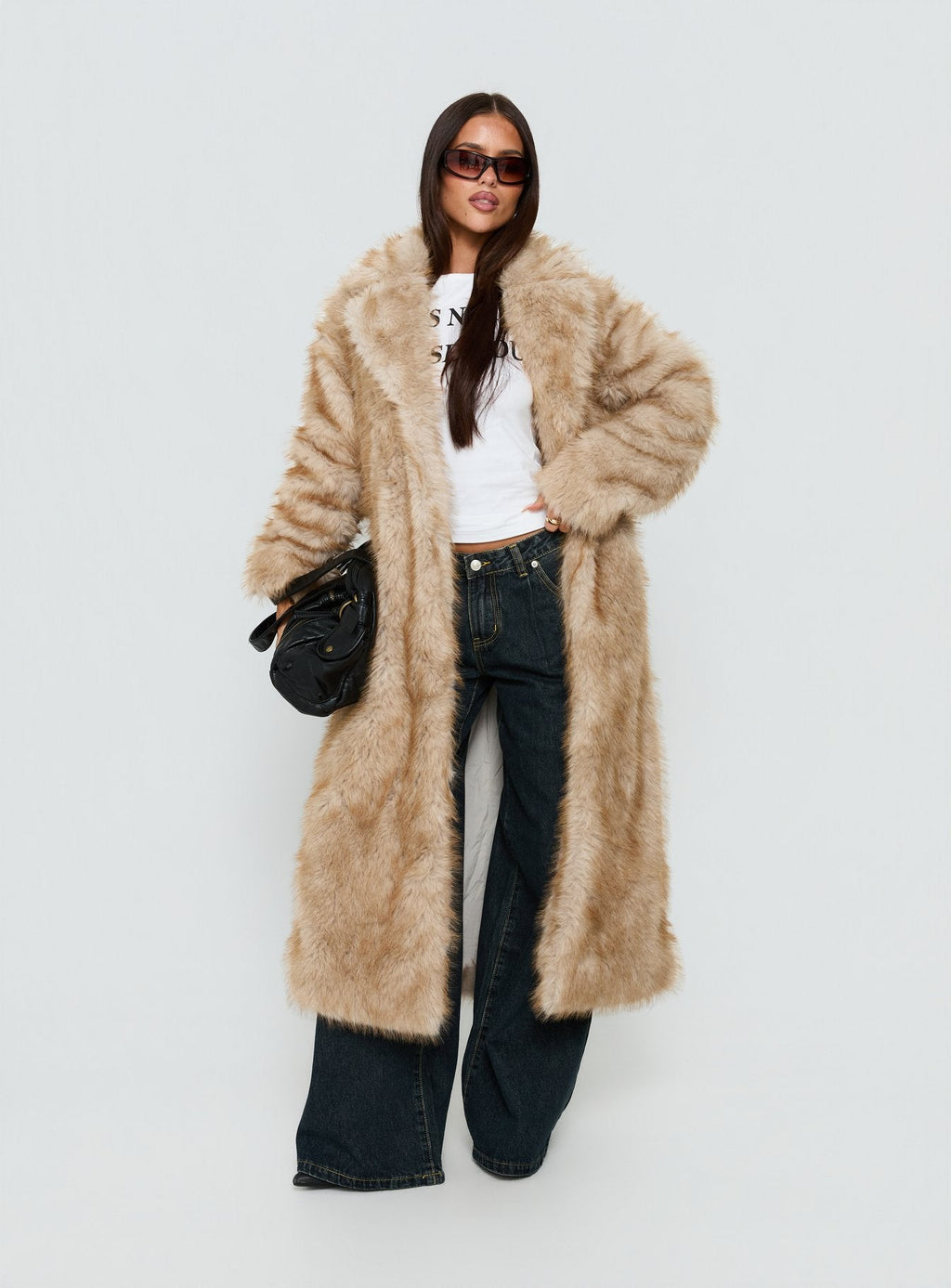End Of Beginning Faux Fur Longline Jacket Beige