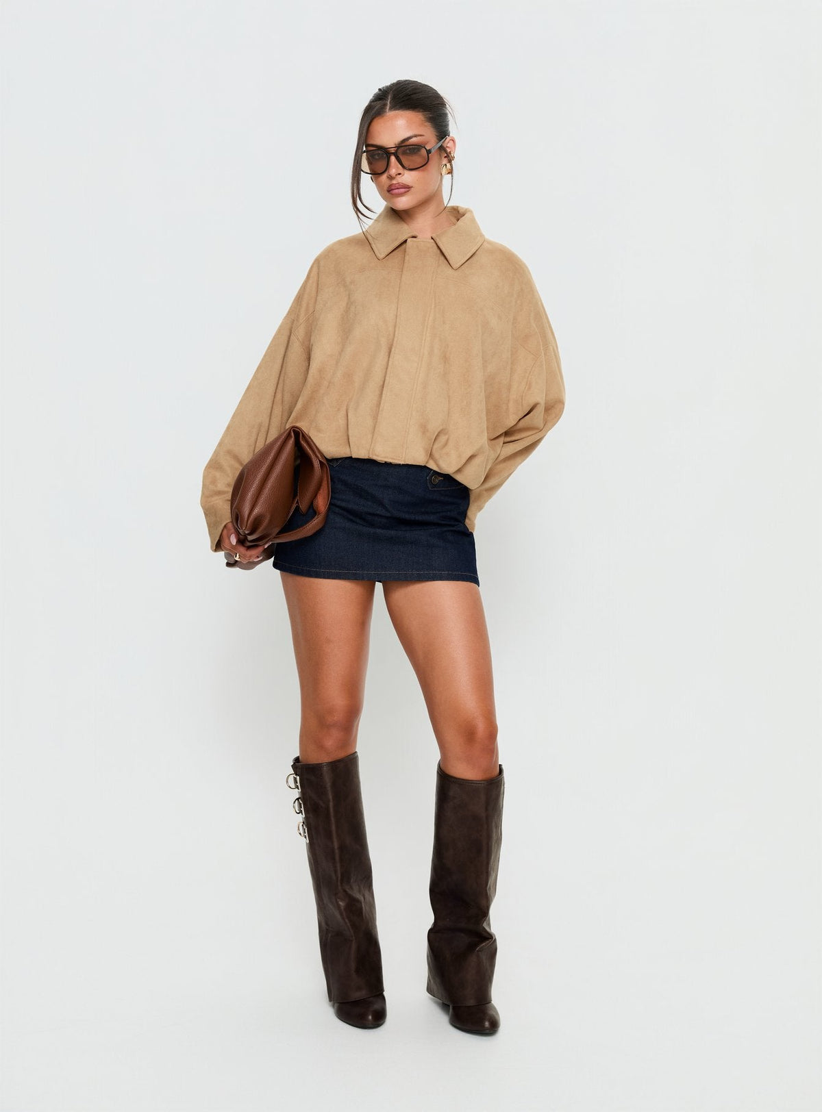 Enlightened Faux Suede Bomber Jacket Beige