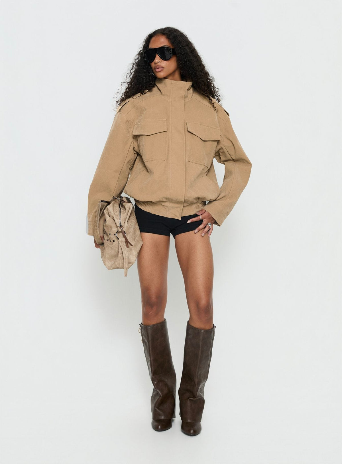 Double Life Funnel Neck Cargo Jacket Beige