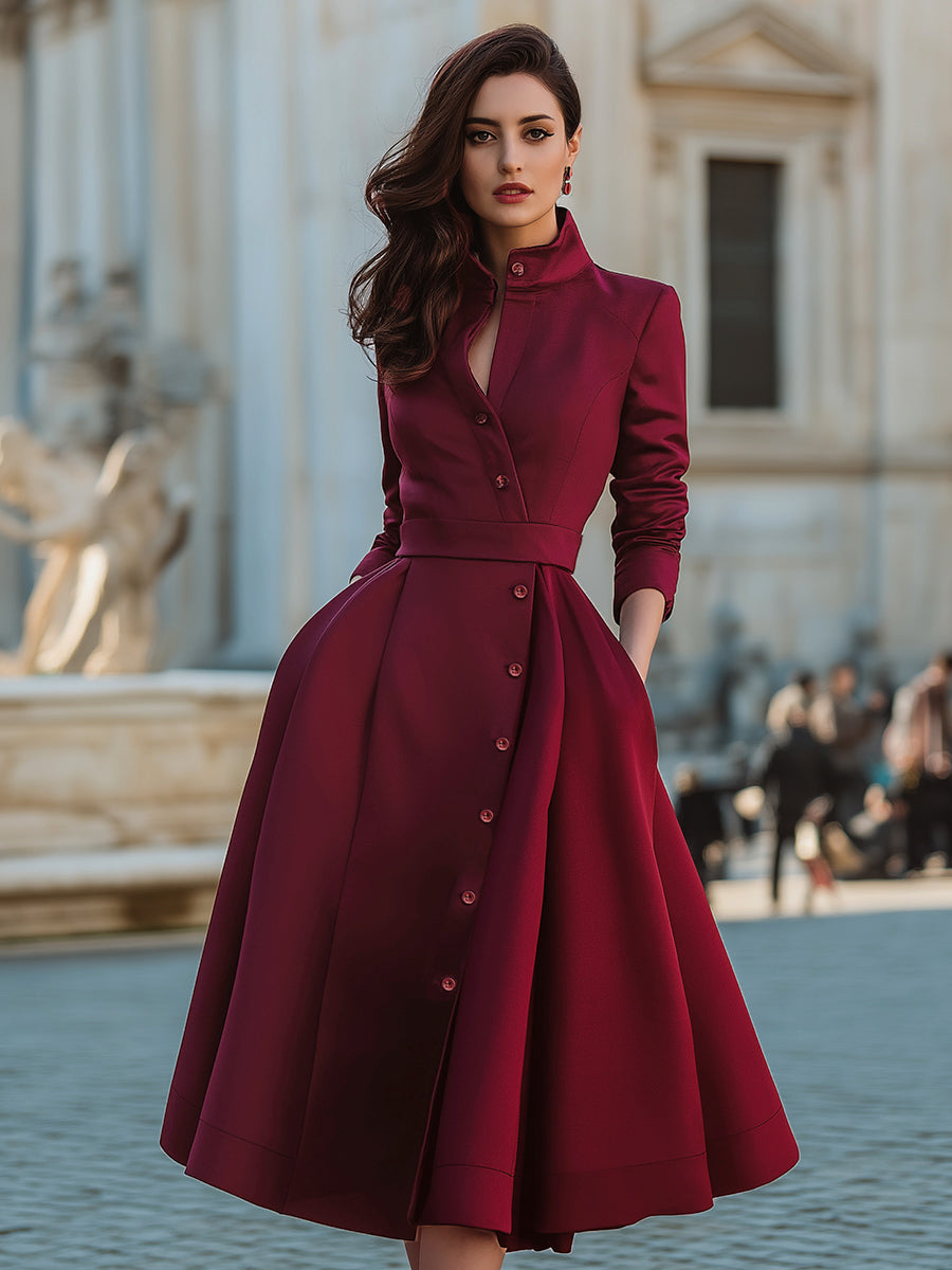 Elegant Band Collar Button-Down Midi Dress With Belt
