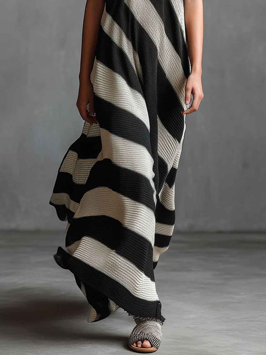 Chic Monochrome Striped Knit Sleeveless Flowing Maxi Dress