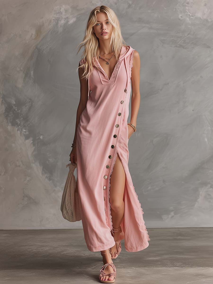 Elegant Retro Sporty Hooded V-neck Sleeveless  Lace Trim Side Slits And Button Pink Cotton Midi Dress