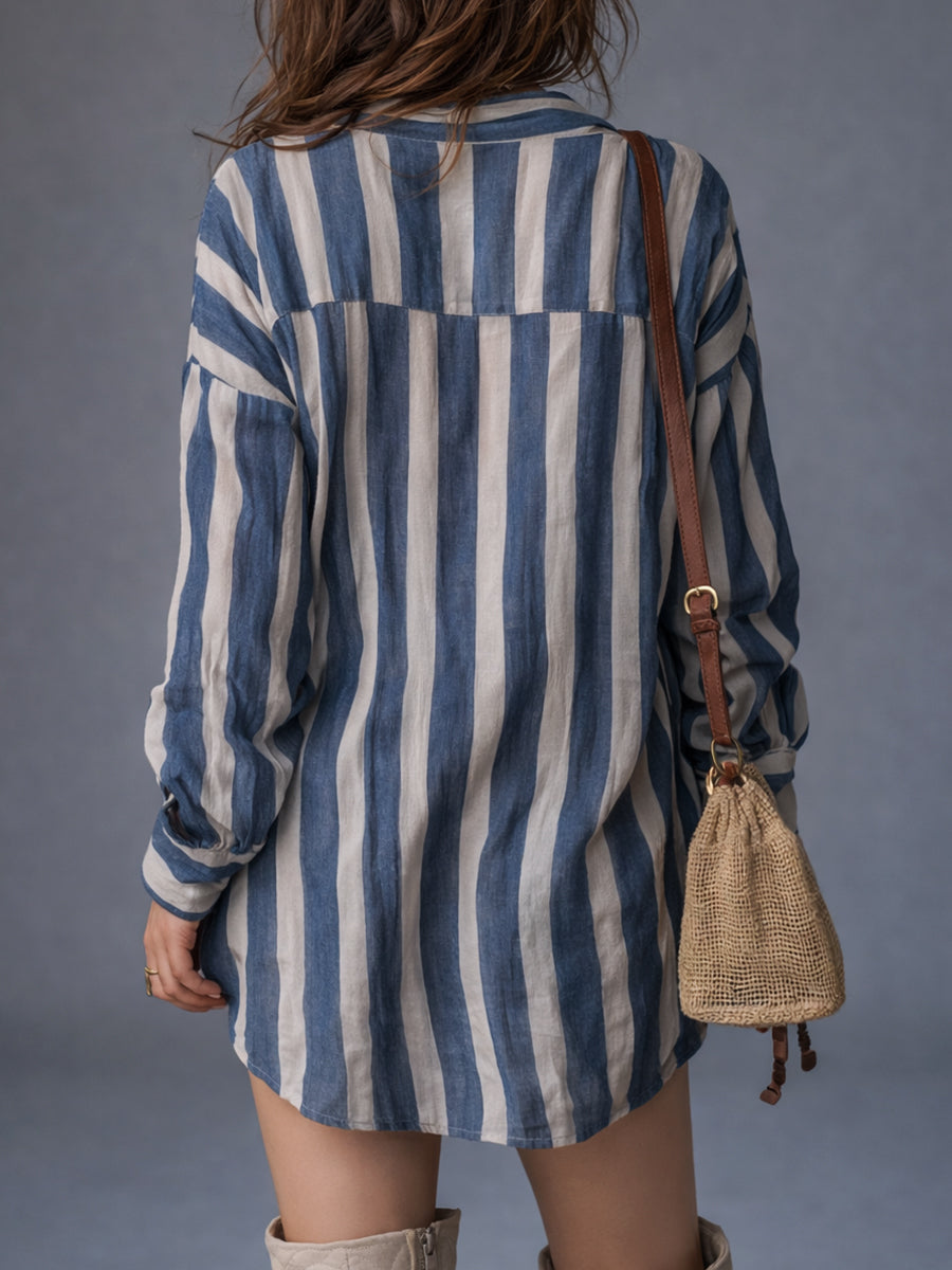 Retro Striped Loose Short Dress With Lace Trim