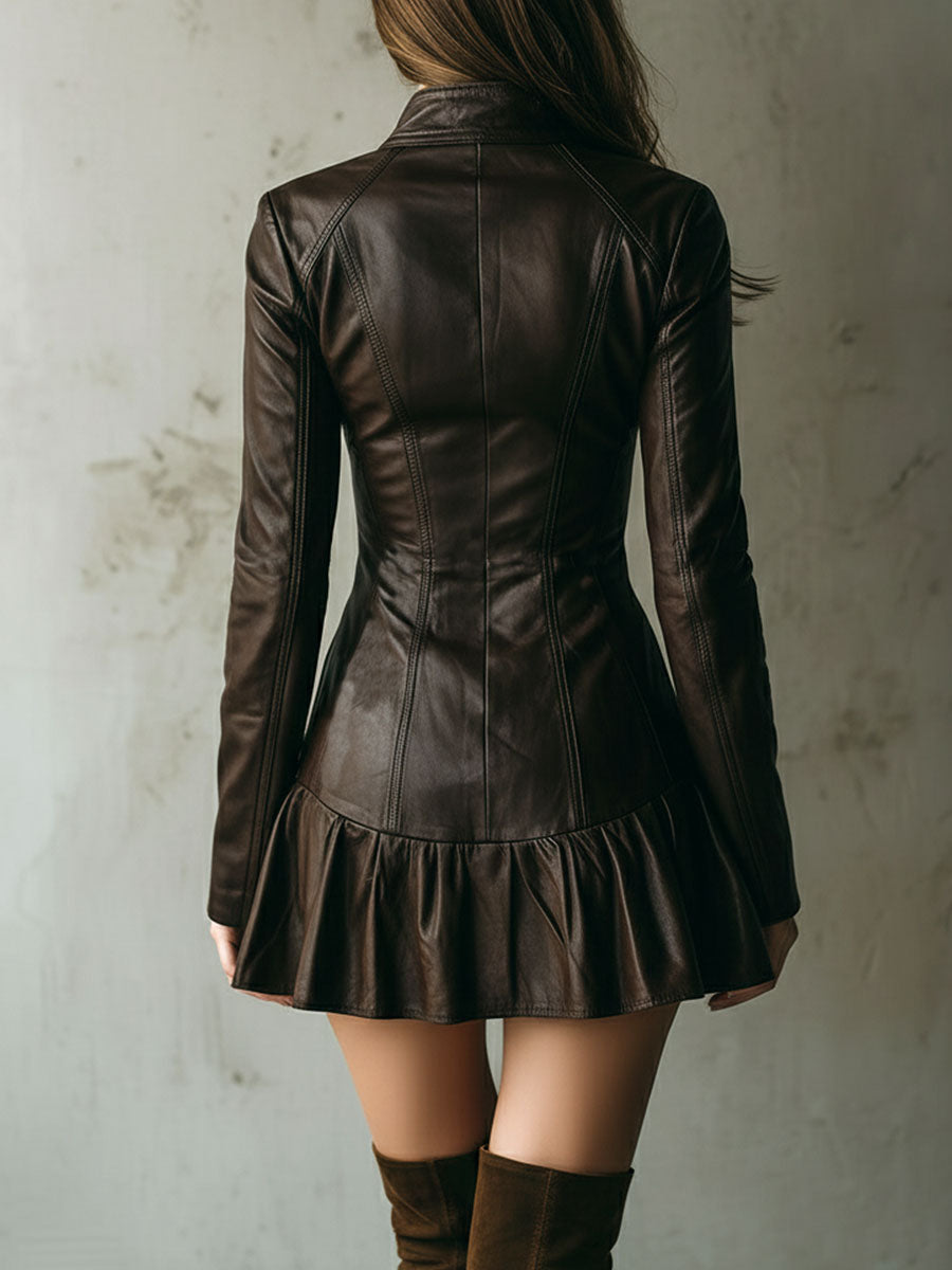 Brown Eco Leather Fitted Zip-Up Mini Dress With Flared Hem
