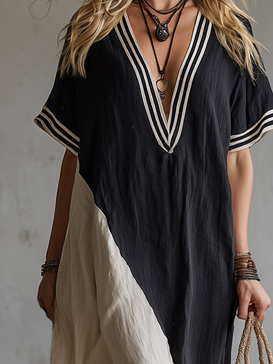 Elegant And Casual Striped Neckline Color-blocked Cotton And Linen Short-sleeved Maxi Dress