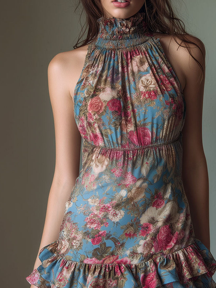 Romantic High Neck Floral Ruffled Halter Mini Dress