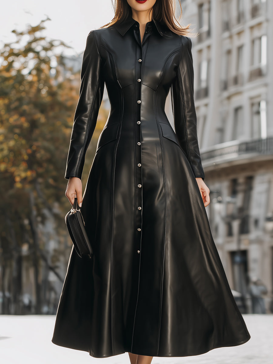 Edgy Black Faux Leather Midi Shirt Dress