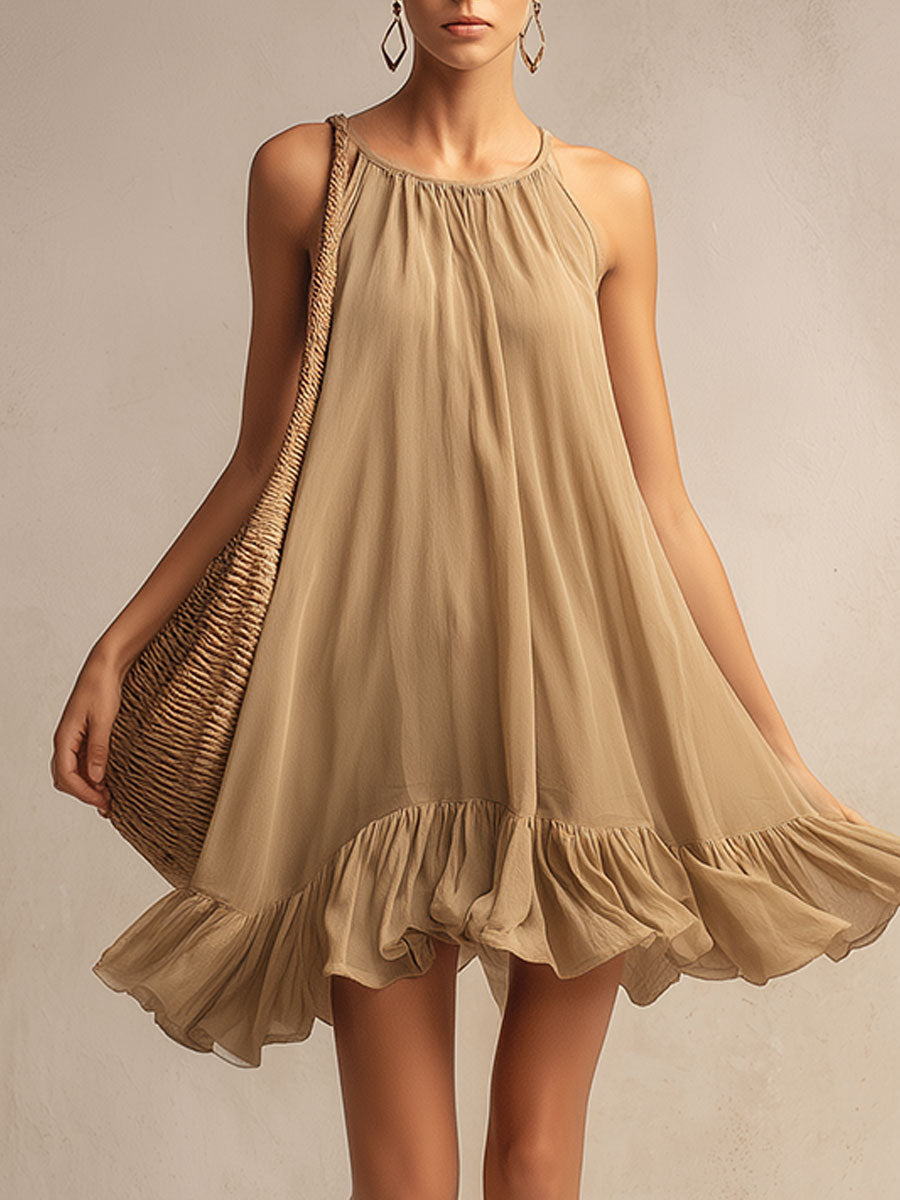 Casual Vacation Style Light Brown Round Neck Chiffon Mini Dress