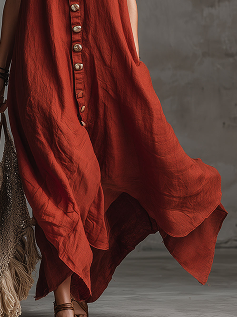 Vintage And Charming Red Cotton And Linen Sleeveless Maxi Dress