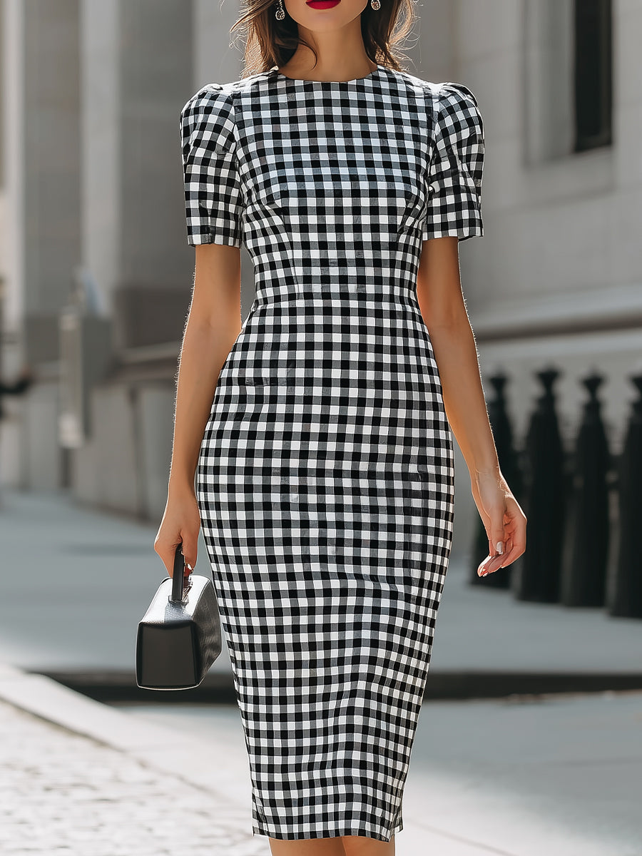 Black & White Gingham Puff Sleeve Midi Sheath Dress