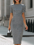 Black & White Gingham Puff Sleeve Midi Sheath Dress