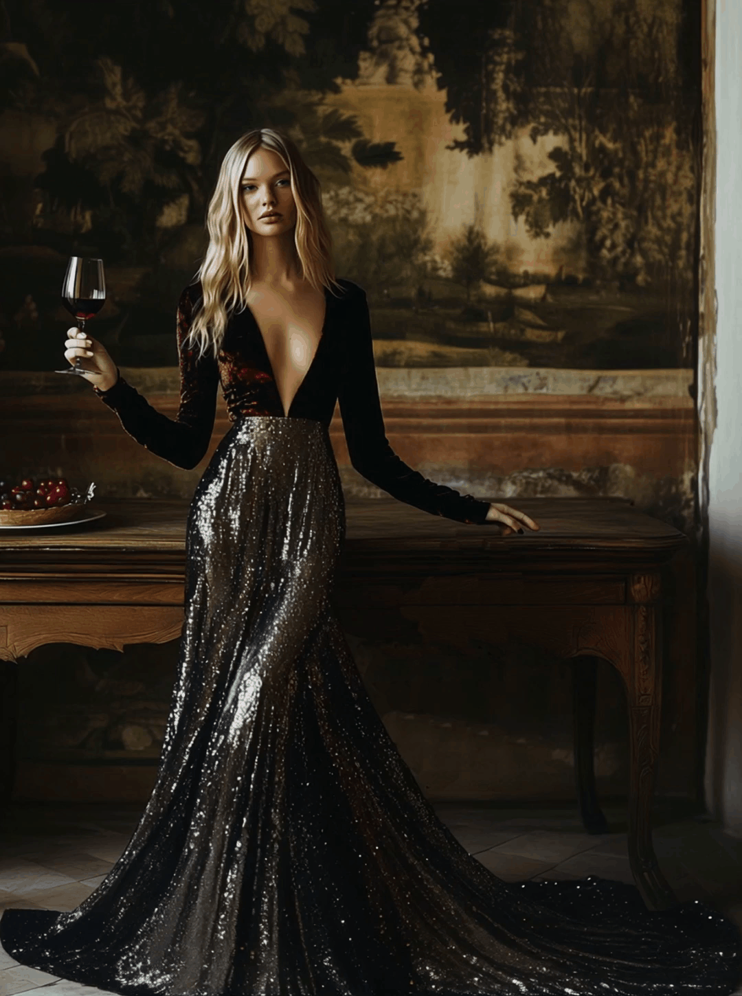 ¡¾24-hour shipping out¡¿V-Neck Stylish Elegant Solid Color Velvet Sequined Long Maxi Dress