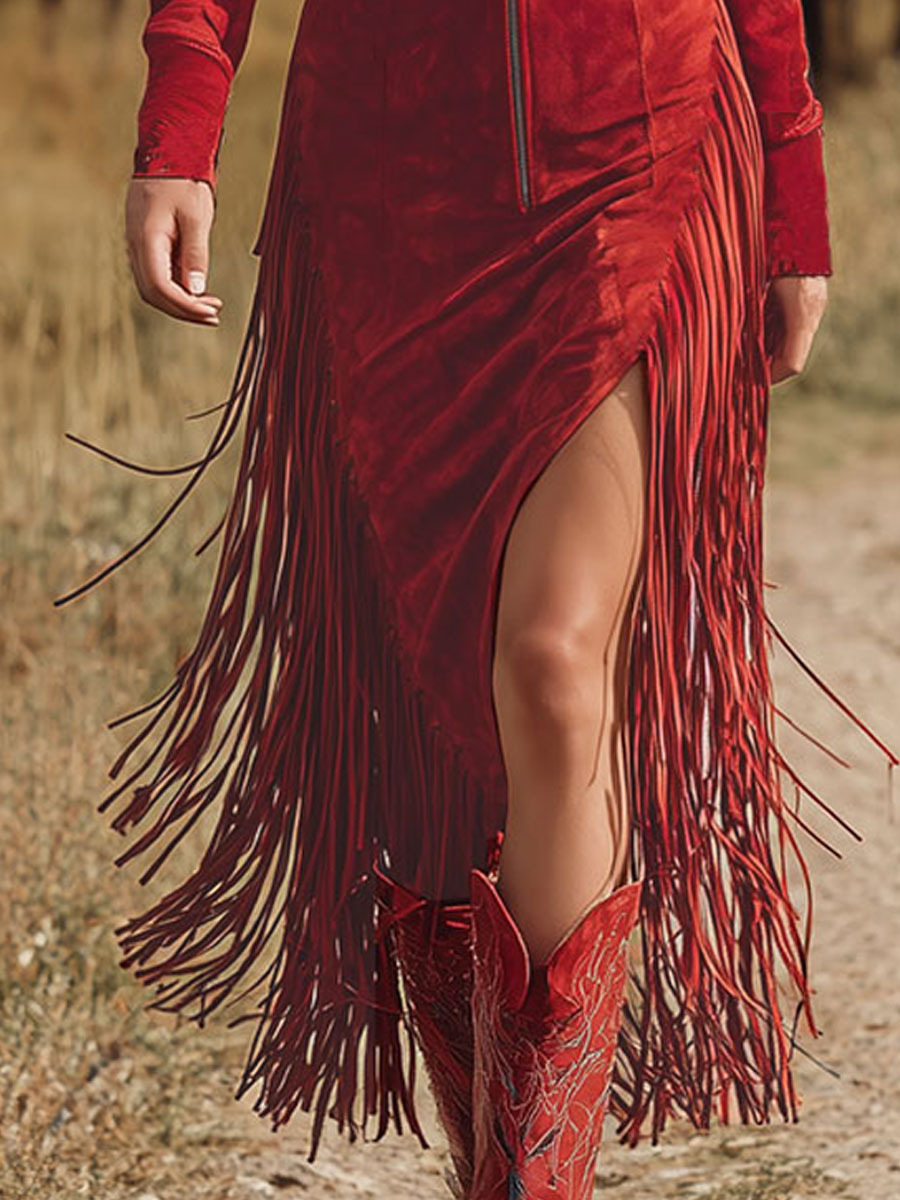 Western Style Vintage Embroidered Red Fringed Faux Suede Midi Dress