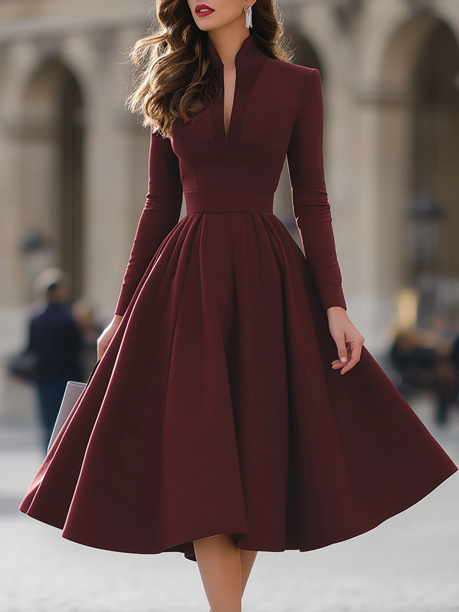 Burgundy V-Neck Full-Skirt Midi Dress