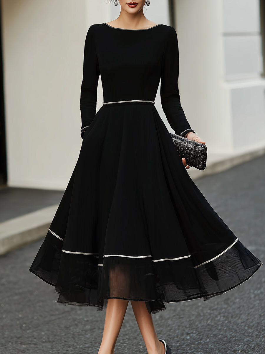 Long Sleeve Contrast Trim Midi Dress With Flared Skirt