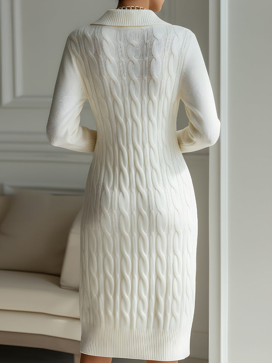 Elegant Zip-Front Knitted Sweater Dress In Ivory